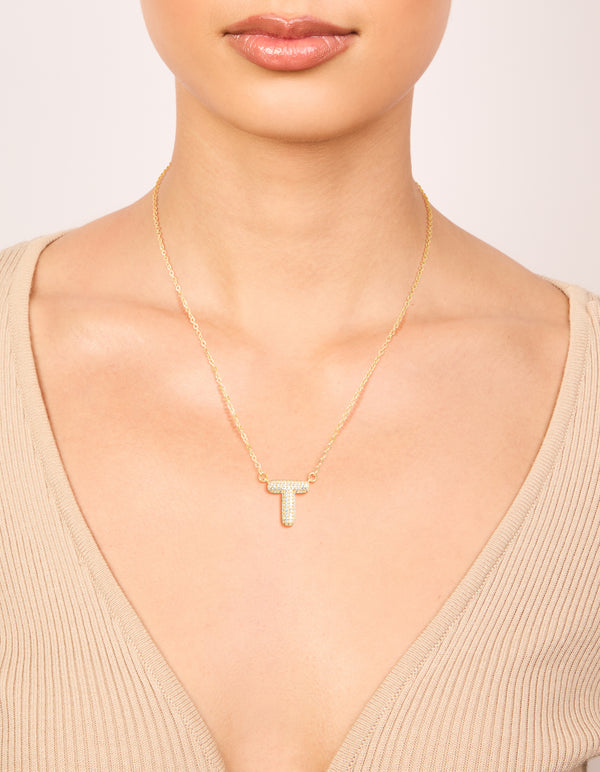 Gold Plated Cubic Zirconia Pave Letter T Necklace
