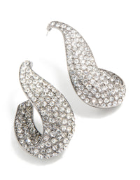 Gunmetal Silver Diamante Wavy Hoop Earrings - link has visual effect only