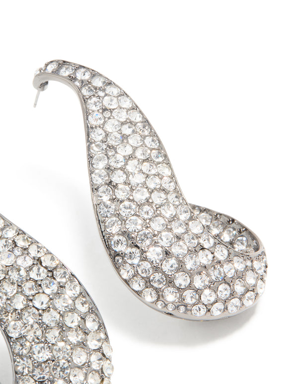 Gunmetal Silver Diamante Wavy Hoop Earrings