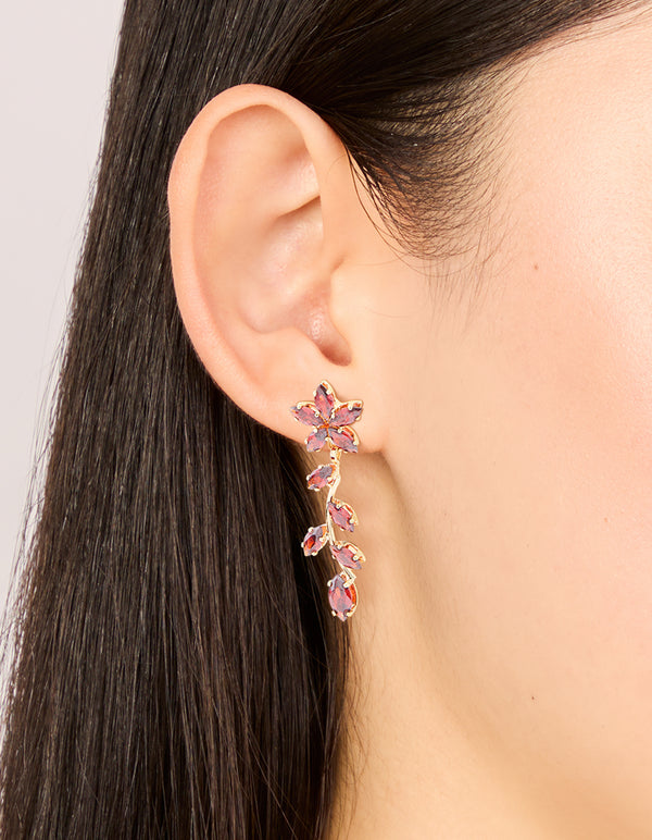 Gold Red Cubic Zirconia Flower Trail Drop Earrings