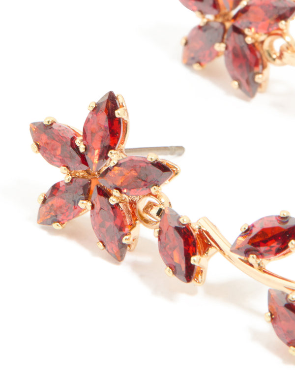 Gold Red Cubic Zirconia Flower Trail Drop Earrings