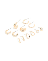 Gold Diamante Ornate Stud & Hoop Earrings 6-Pack - link has visual effect only