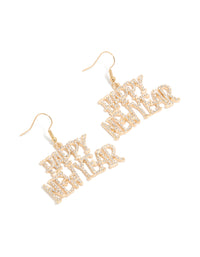 Gold Diamante Happy New Year Drop Earrings - link has visual effect only