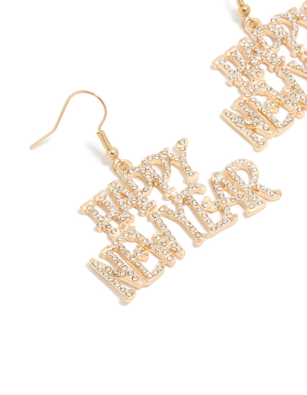 Gold Diamante Happy New Year Drop Earrings