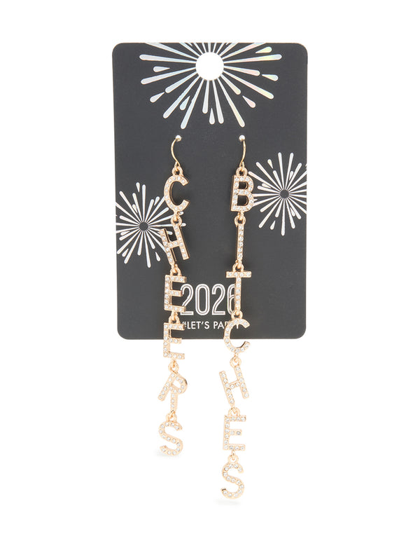 Gold Diamante Cheers B*tches Drop Earrings