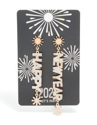 Gold Diamante Happy New Year Star Drop Earrings - link has visual effect only