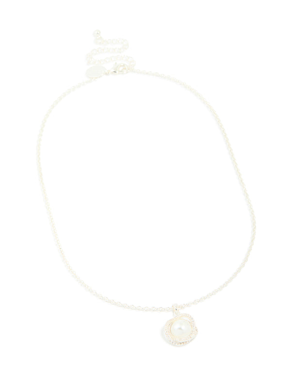 Silver Plated Cubic Zirconia Twisted Pearl Pendant Necklace