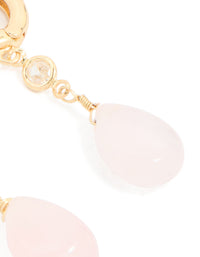 Gold Plated Cubic Zirconia & Rose Quartz Semi Precious Stone Teardrop Earrings - link has visual effect only