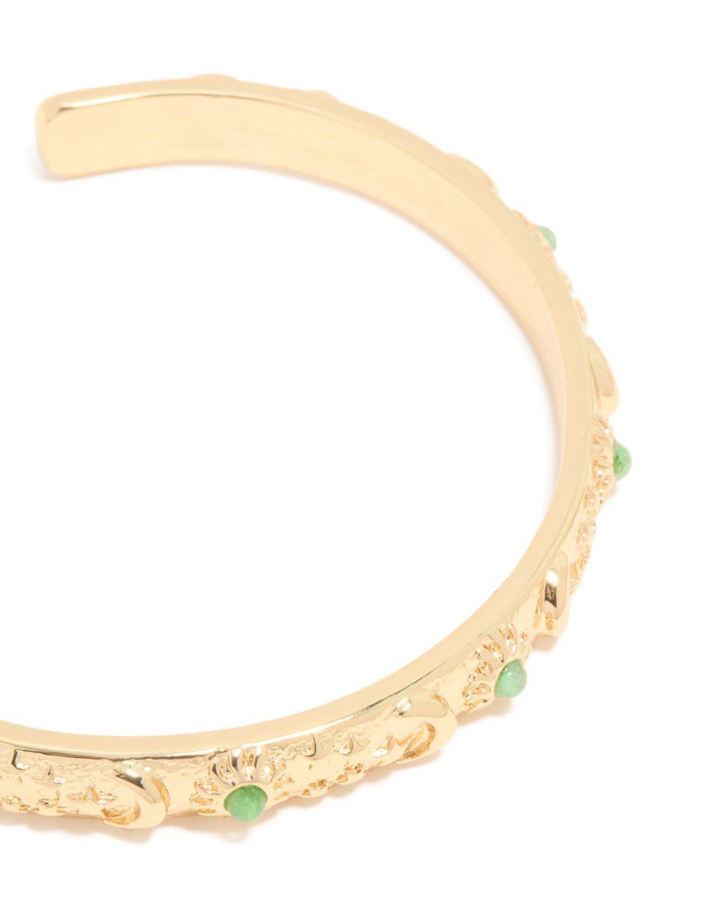Gold Plated Cluster Green Semi Precious Stone Etched Open Wrist Cuff