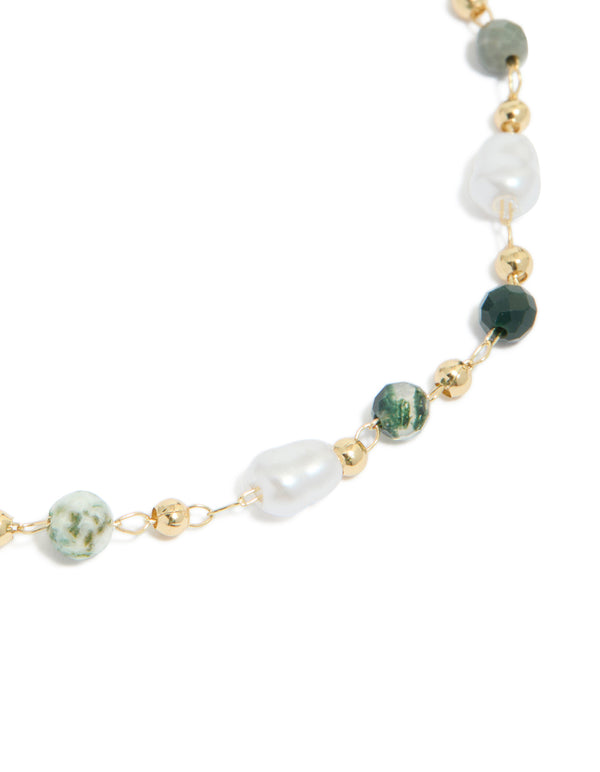 Gold Plated Green Semi Precious & Pearls Bracelet