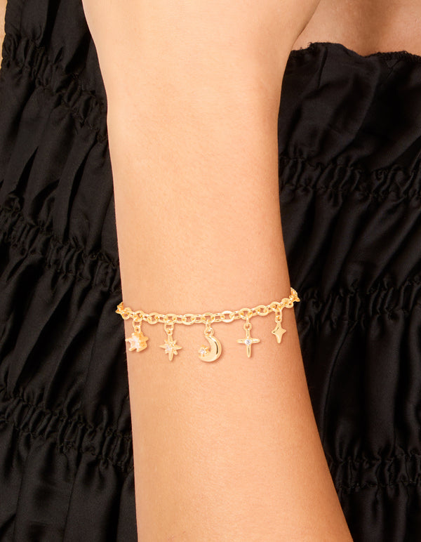 Gold Plated Cubic Zirconia Celestial Charms Toggle Bracelet