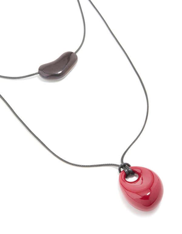 Black & Red Acrylic Pebble Cord Layered Necklace