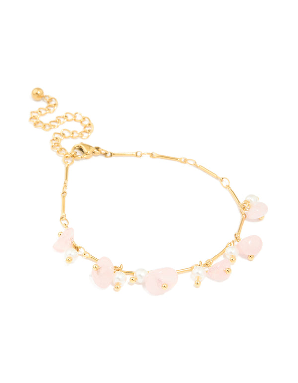 Waterproof Gold Plated Stainless Steel Rose Quartz Semi Precious Stone Chip Bracelet