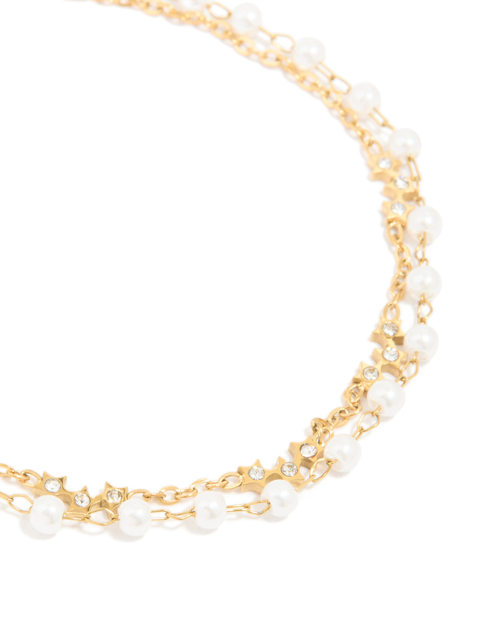 Crafted from waterproof gold plated stainless steel, pearl, and cubic zirconia bracelet close up view