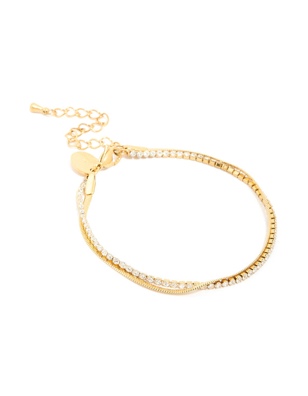 Waterproof Gold Plated Stainless Steel Diamante & Snake Chain Layered Bracelet