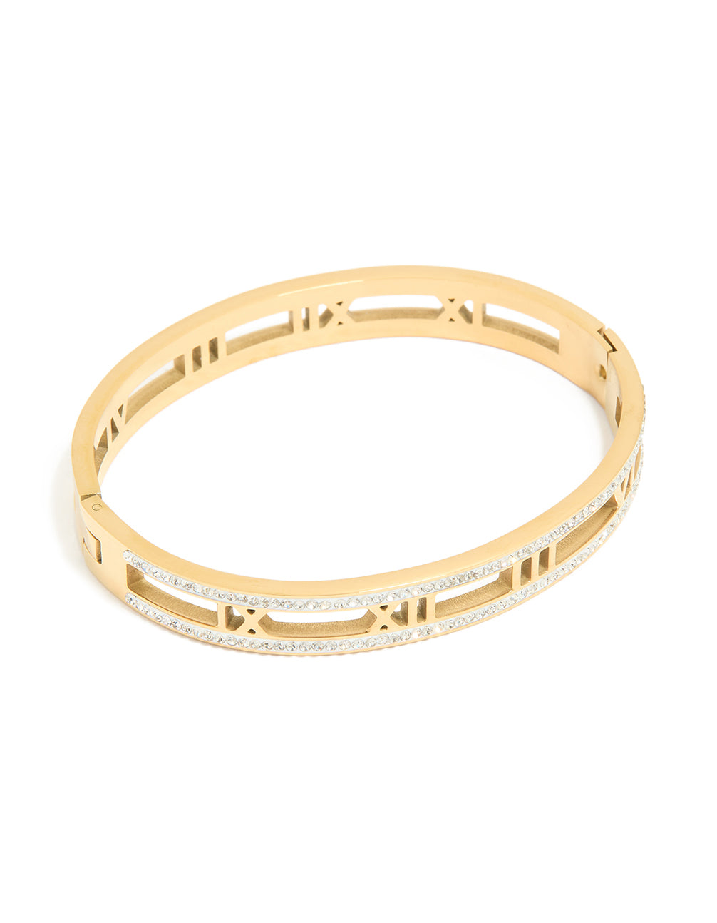 Discover a waterproof gold plated stainless steel diamante roman numeral bangle with statement styling front view