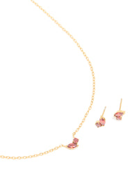 Waterproof Gold Plated Stainless Steel January Red Cubic Zirconia Birthstone Necklace & Earrings Set - link has visual effect only