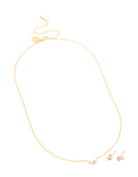 Waterproof Gold Plated Stainless Steel October Pink Cubic Zirconia Birthstone Necklace & Earrings Set - link has visual effect only