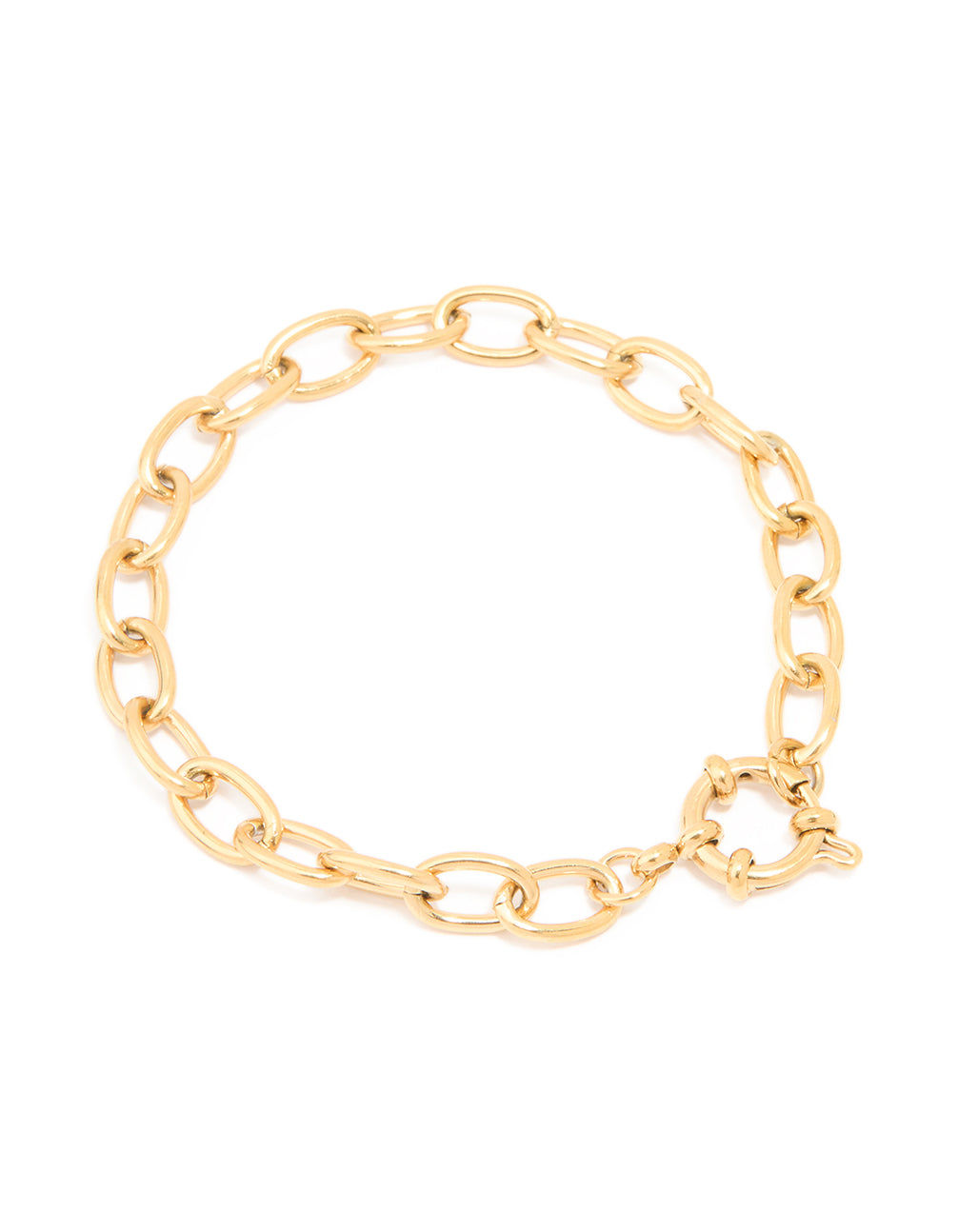Featuring a waterproof gold plated stainless steel dainty clasp chain bracelet front view