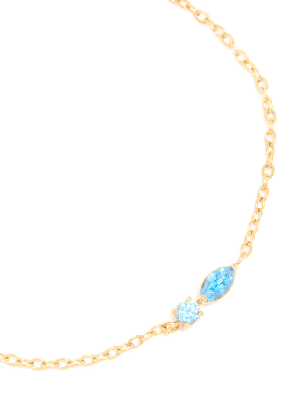 Designed with waterproof gold plated stainless steel, this December blue cubic zirconia birthstone bracelet close up view
