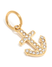 Waterproof Gold Plated Stainless Steel Cubic Zirconia Anchor Charm - link has visual effect only