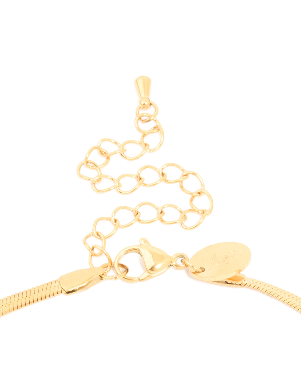 Explore the waterproof gold plated stainless steel fine flat snake chain necklace clasp detail view