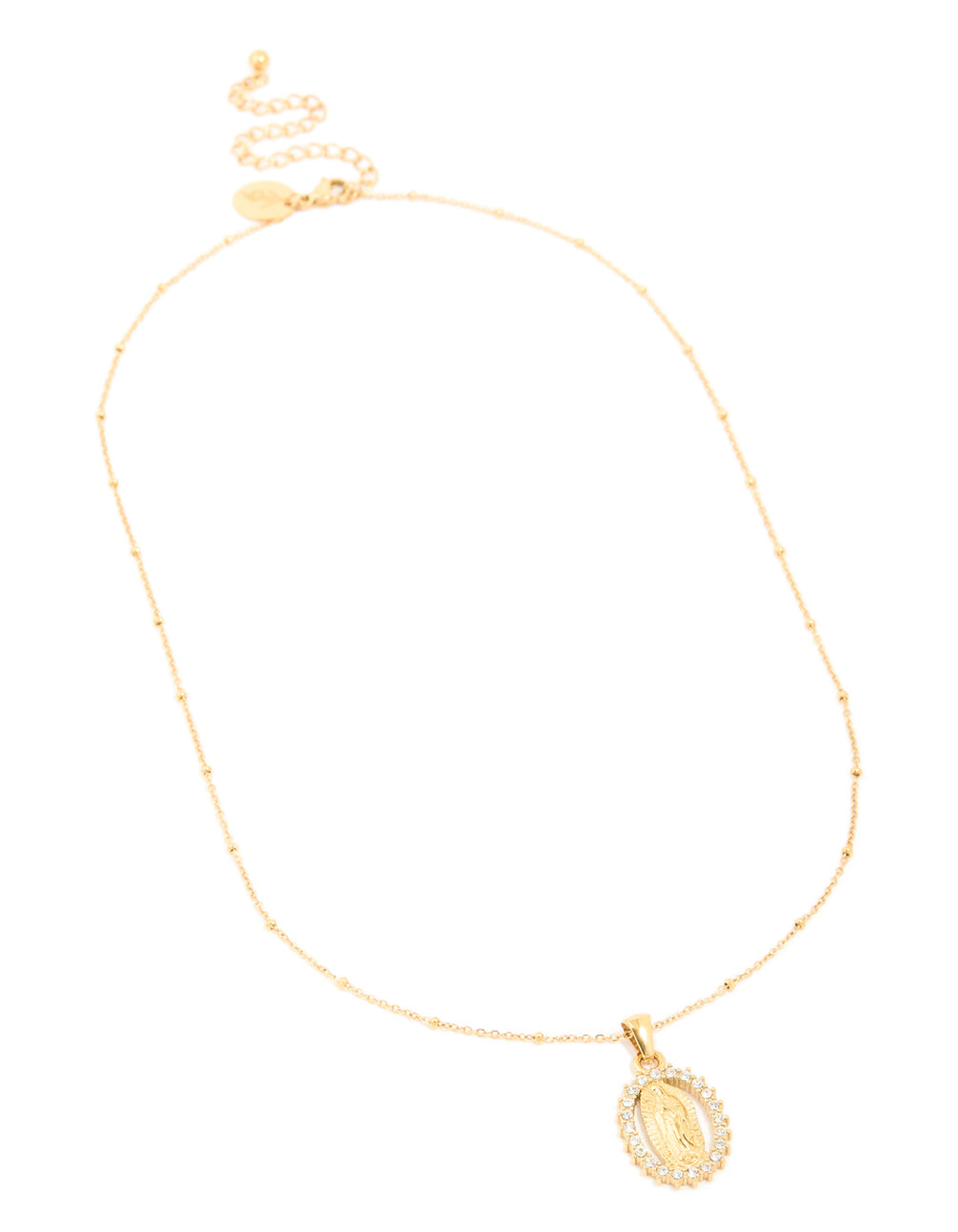 Beautifully designed waterproof gold plated stainless steel clear diamante Mary pendant necklace front view