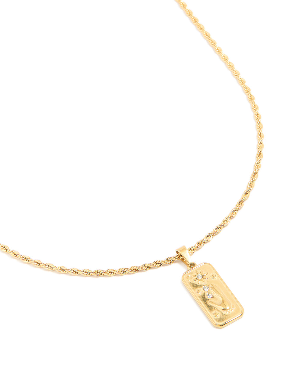 Showcasing a celestial and floral pendant necklace with waterproof gold plated stainless steel in close up view