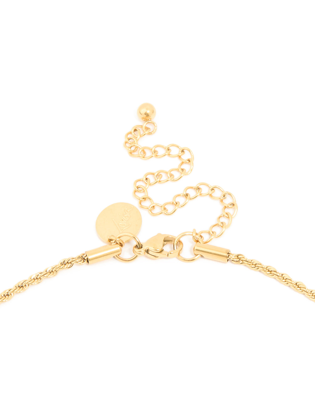 Presenting a celestial and floral pendant necklace with waterproof gold plated stainless steel clasp detail view