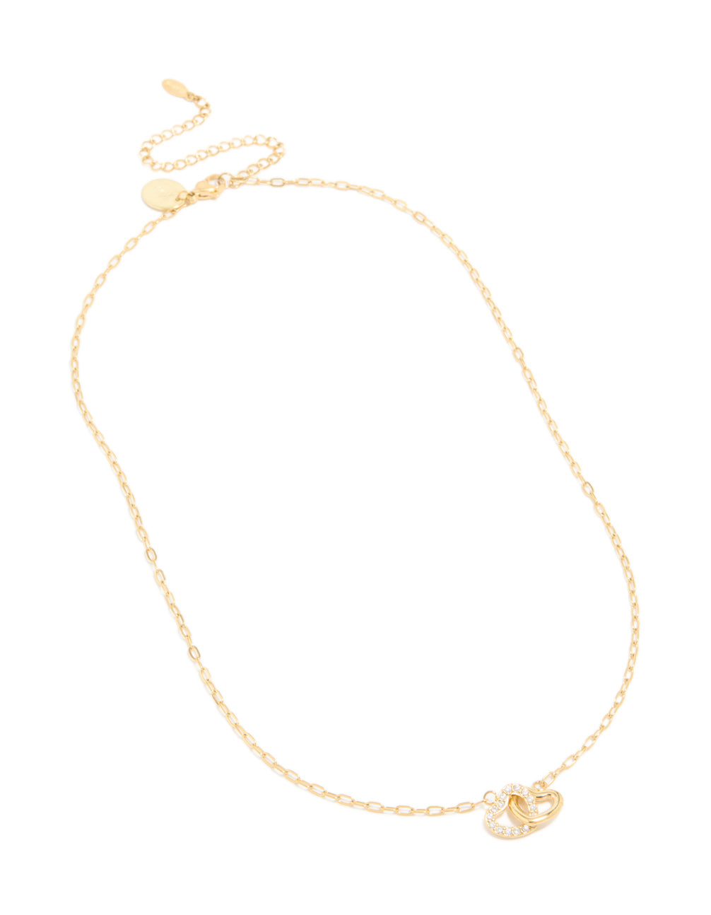 Showcasing this waterproof gold plated stainless steel interlocking heart pendant necklace with charm and adjustable chain front view