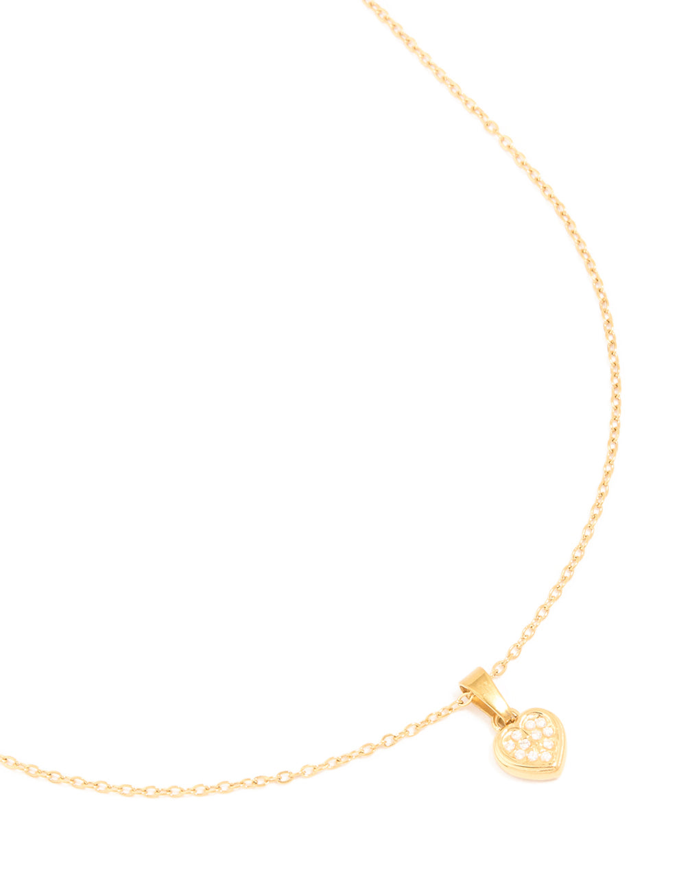 Featuring waterproof stainless steel diamante mini pavé heart pendant in gold plated finish front view
