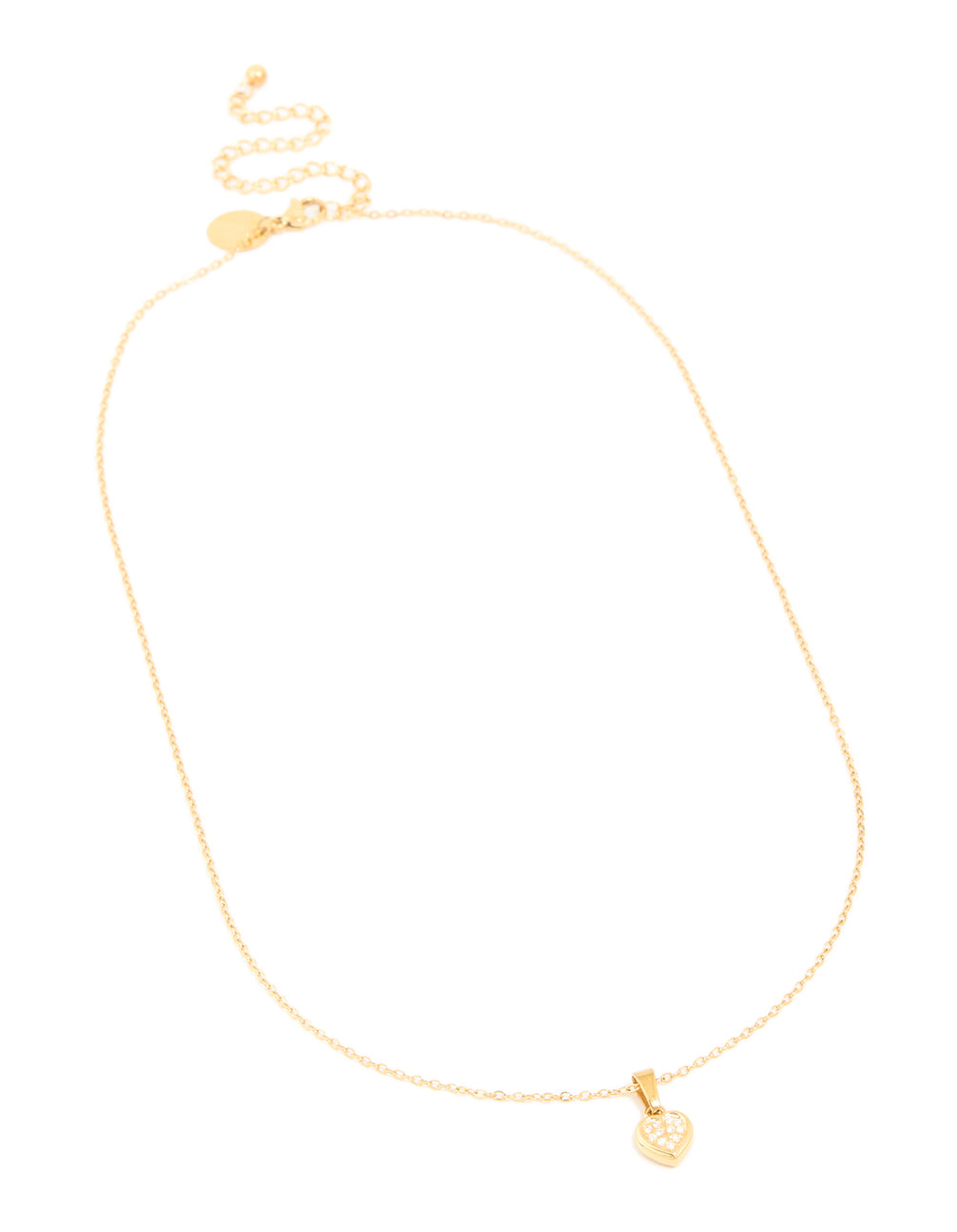 Featuring waterproof stainless steel diamante mini pavé heart pendant in gold plated finish front view