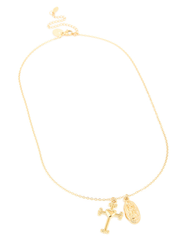 Waterproof Gold Plated Stainless Steel Cross & Mary Pendant Necklace