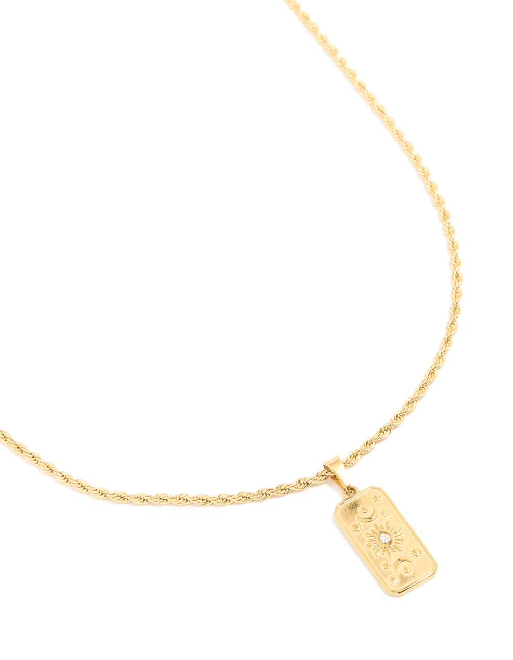 Featuring waterproof gold plated stainless steel cubic zirconia celestial etched tab necklace in dainty style front view