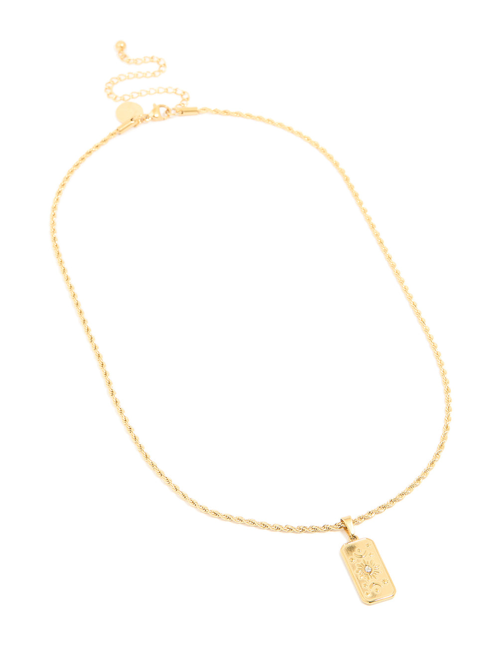 Featuring waterproof gold plated stainless steel cubic zirconia celestial etched tab necklace in dainty style front view