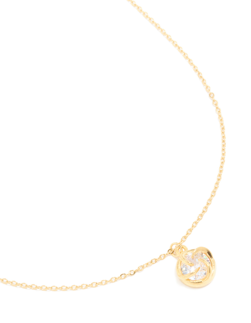 Featuring a waterproof gold plated stainless steel cubic zirconia claw-set pendant necklace close up view