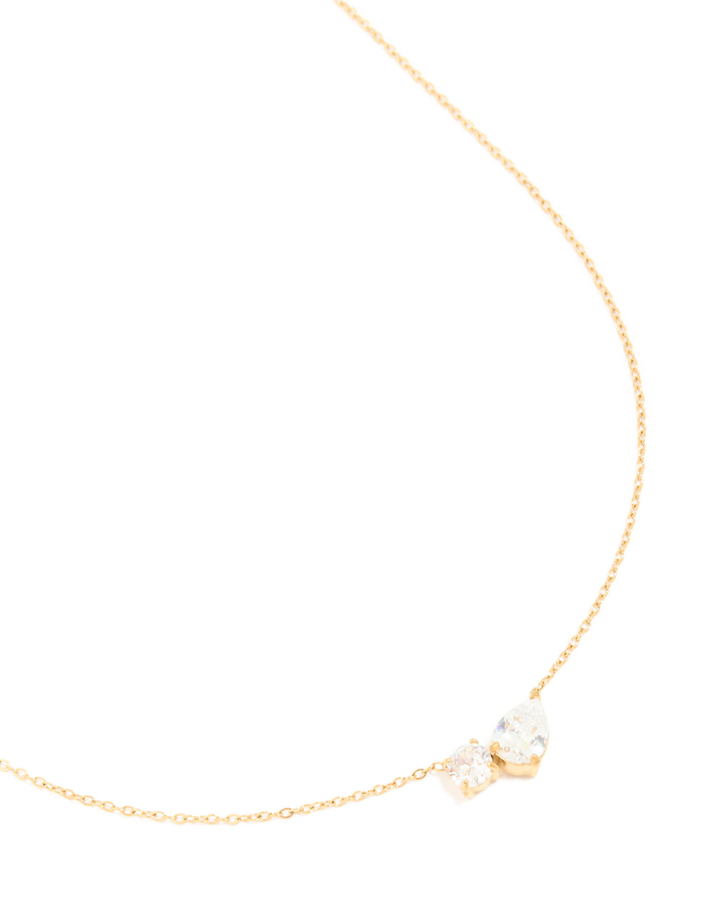 Showcasing a waterproof gold plated stainless steel cubic zirconia mixed shape pendant necklace, crystal features, and dainty style close up view