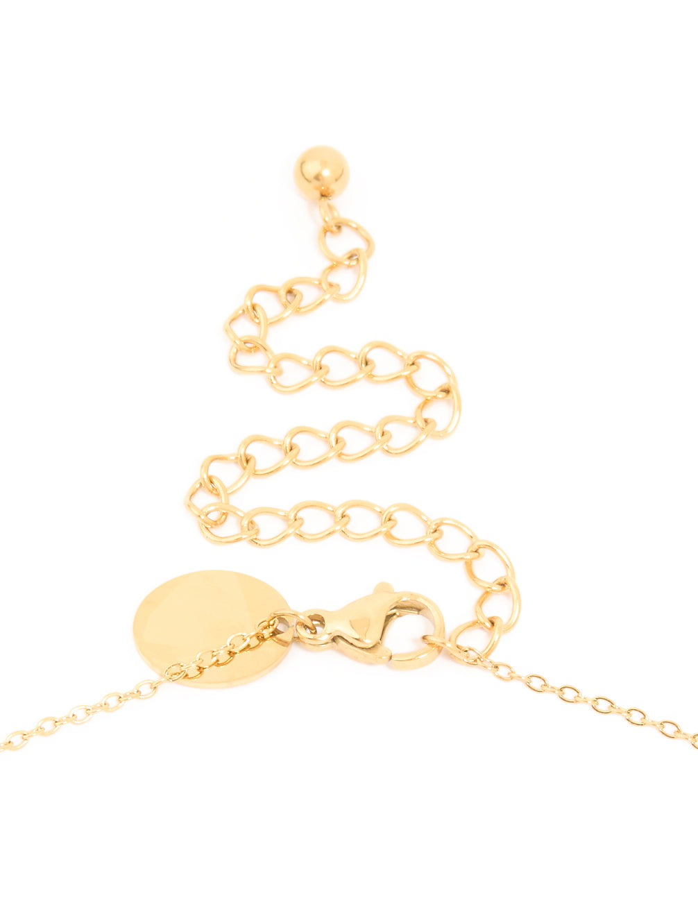 Presenting a waterproof gold plated stainless steel cubic zirconia mixed shape pendant necklace, crystal features, and dainty style clasp detail view