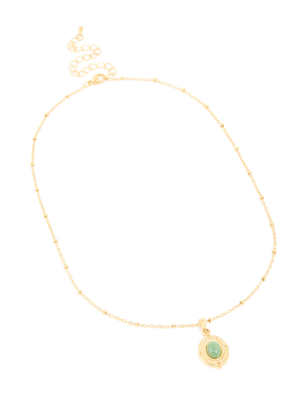 Introducing a waterproof boho necklace in gold plated stainless steel with green semi precious stone beaded chain and adjustable extender front view