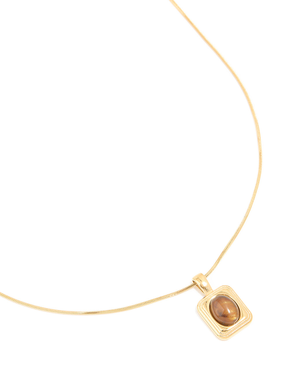 Showcasing a waterproof pendant necklace crafted from gold plated stainless steel with tigers eye semi precious stone disc close up view