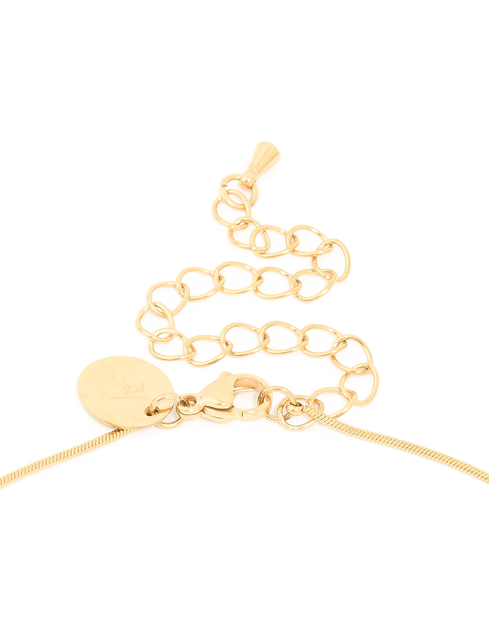 Highlighting waterproof pendant necklace in gold plated stainless steel with tigers eye semi precious stone disc clasp detail view