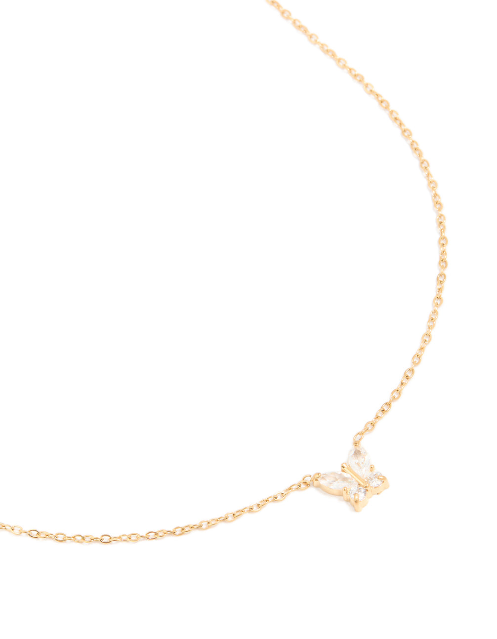 Elegant waterproof butterfly pendant necklace in gold plated stainless steel featuring cubic zirconia close up view