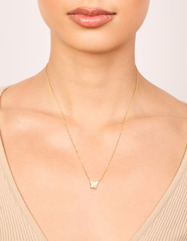 Waterproof Gold Plated Stainless Steel Cubic Zirconia Mini Butterfly Necklace