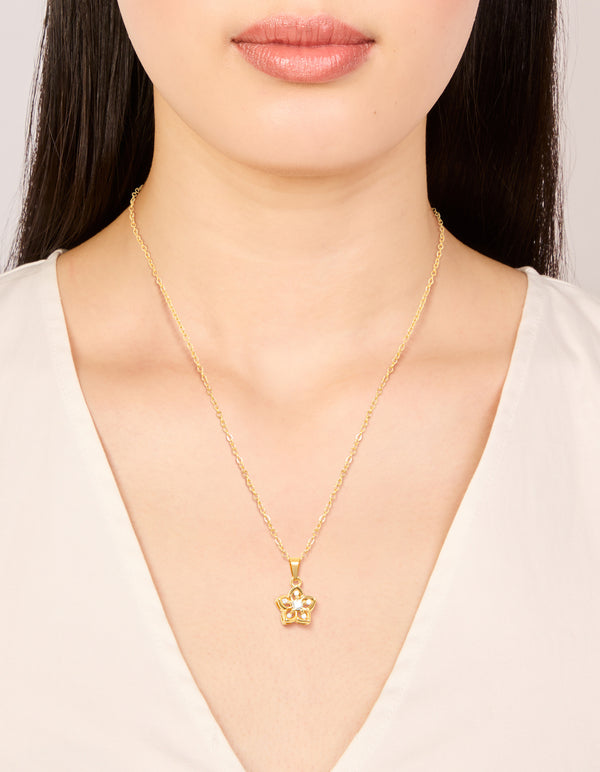 Waterproof Gold Plated Stainless Steel Cubic Zirconia Flower Outline Pendant Necklace