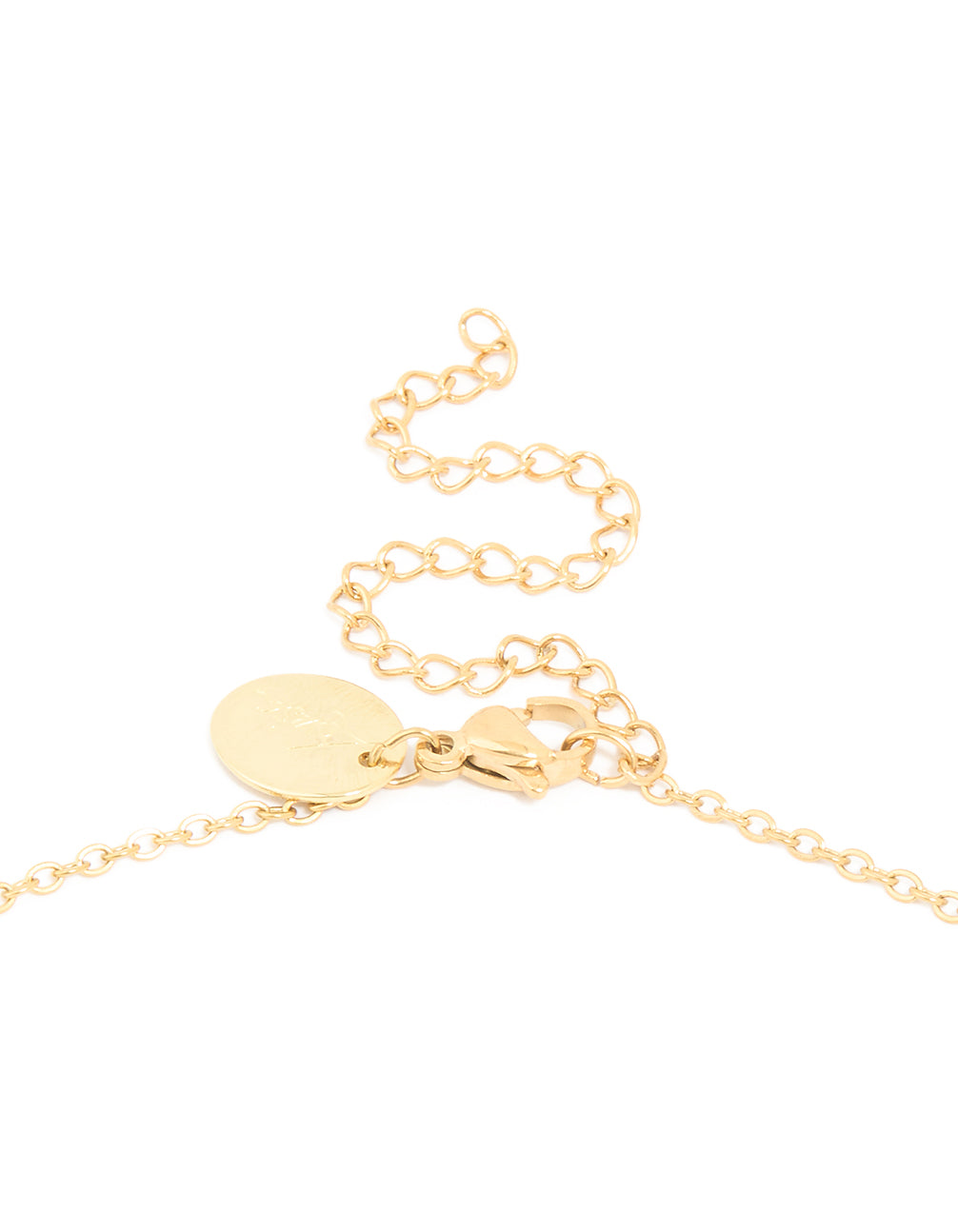 Detailed view of waterproof gold plated stainless steel cubic zirconia flower outline pendant necklace clasp detail view