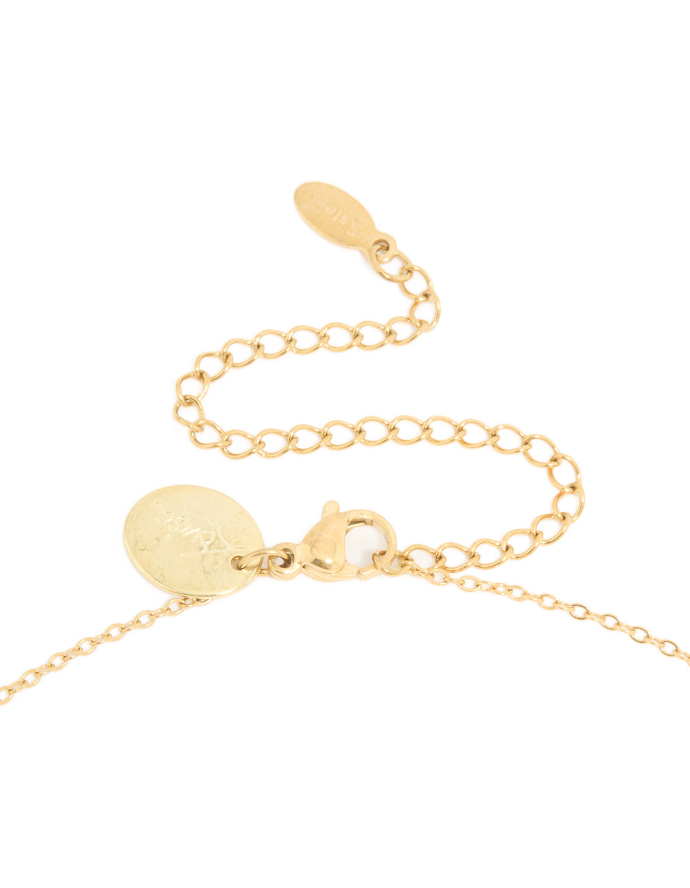 Detailed view of waterproof bow pendant necklace with stainless steel and cubic zirconia in gold plated finish clasp detail view