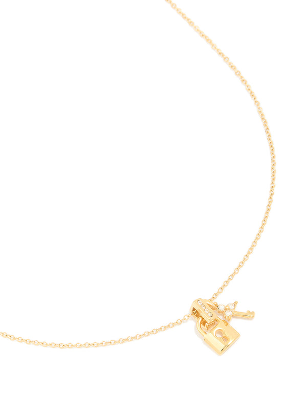 Waterproof Gold Plated Stainless Steel Cubic Zirconia Lock & Key Necklace