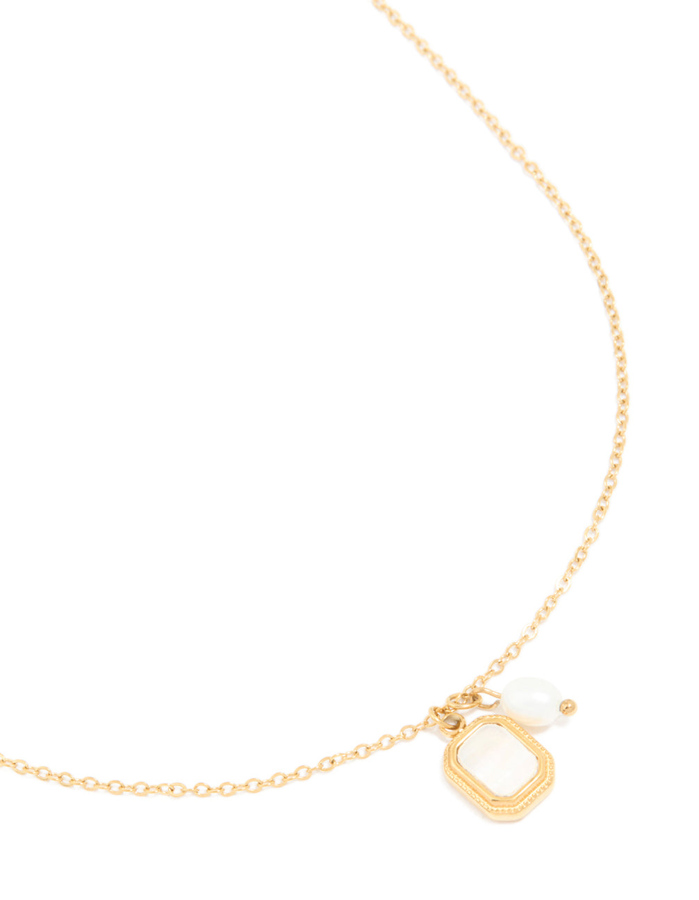 Showcasing a waterproof gold plated stainless steel necklace with pearl charm and square pendant close up view