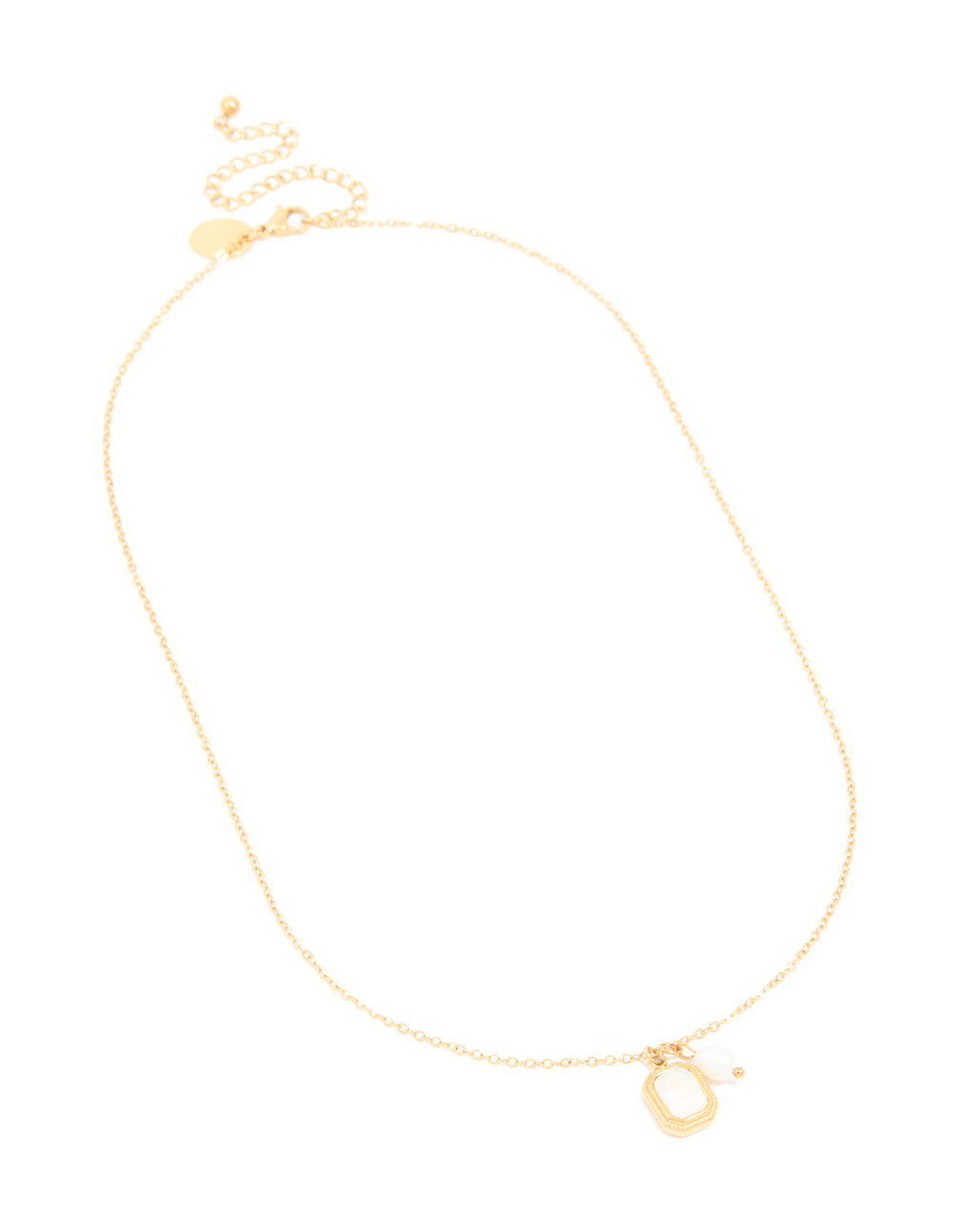 Crafted from waterproof gold plated stainless steel with pearl charm and square pendant necklace front view