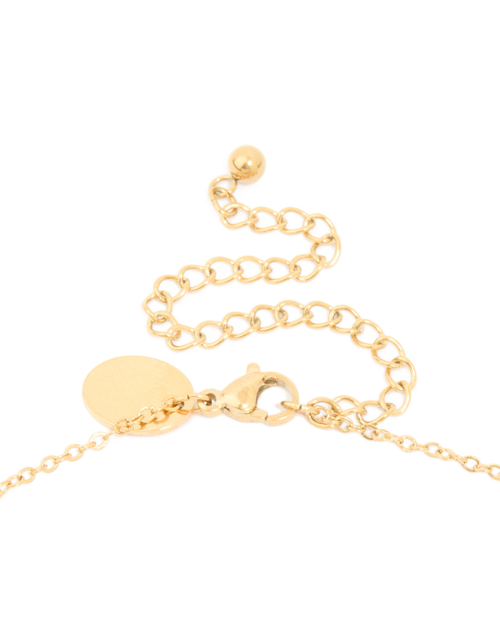 Featuring waterproof gold plated stainless steel necklace with pearl charm and square pendant clasp detail view